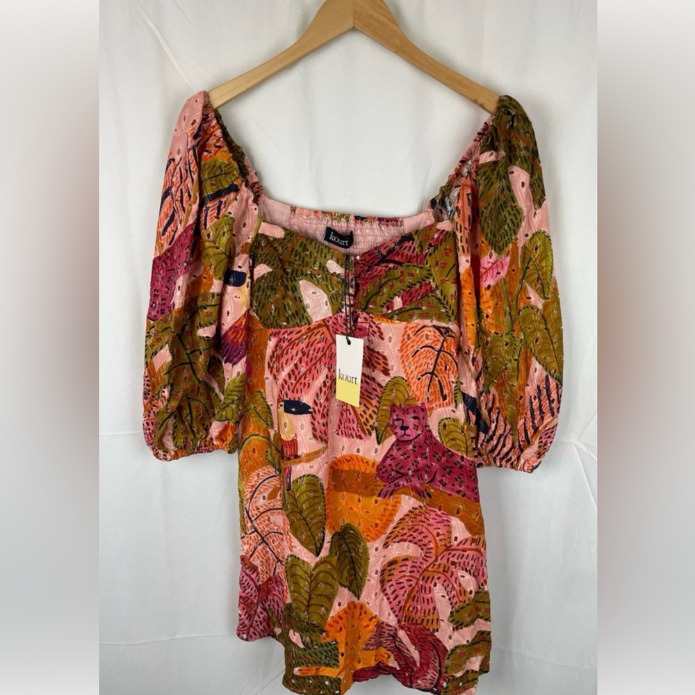 Kourt Robbie Palm Print Puff Sleeve Floral Peasant Dress Square Neck Size L